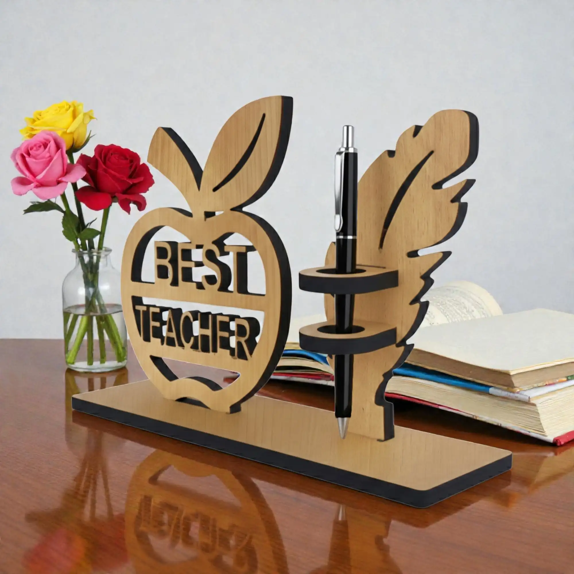 Personalized Best Teacher Wooden Pen Stand with Name | MDF Desk Organizer Gift for Teachers | Apple Design Teacher’s Day Gift | Unique Teacher Appreciation Desk Decor | DVMART®