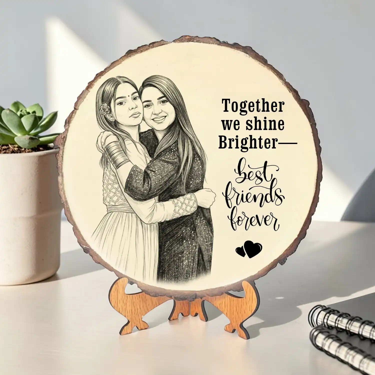 Personalized Wooden Photo Frame for Best Friends | Custom Engraved Wooden Slice Frame with Stand | Friendship Gift for Girls, Sisters, Birthday & Special Occasions Decor | DVMART®