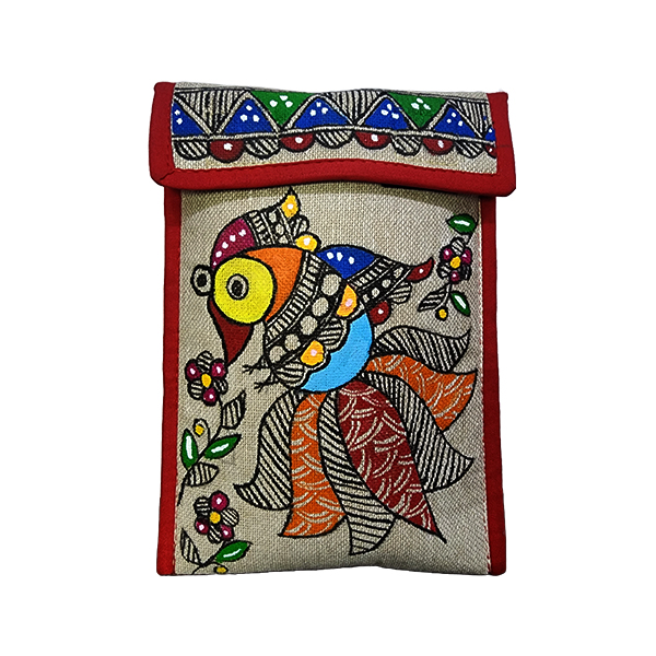 Desinger Mithila painting Jute Mobile pouch Hand Painted Handbag Purse and pouch (Associated design)