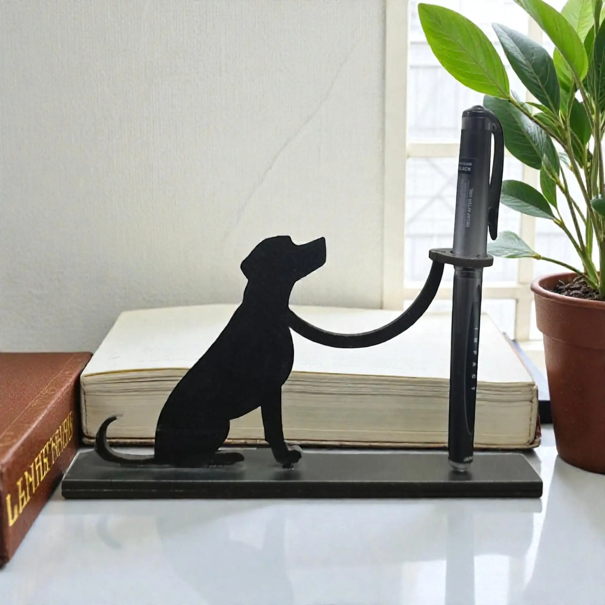 Dog Shape Pen Stand Holder for Desk | Metal Pen Holder with Mobile Stand | Cute Office Table Organizer & Home Decor Gift