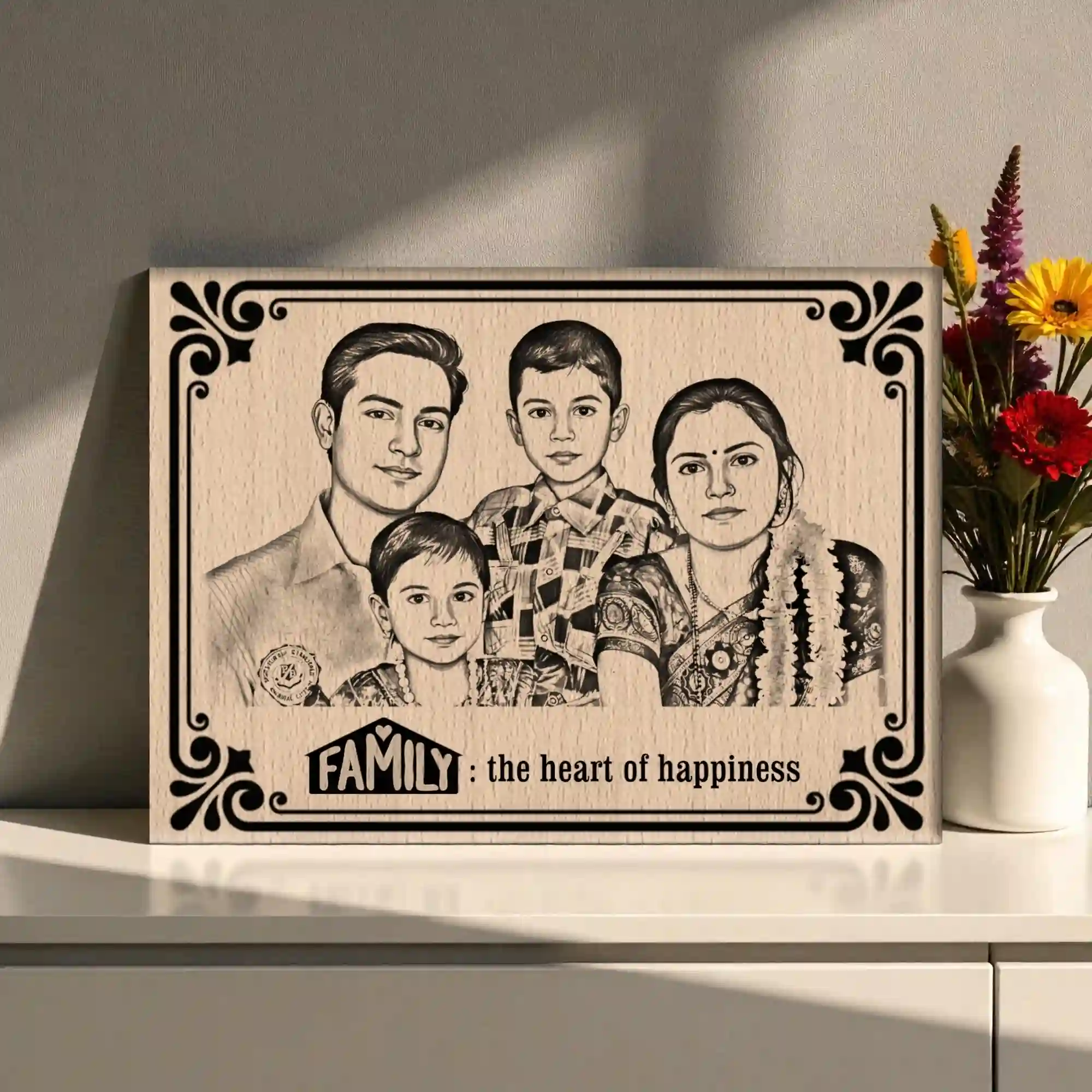 Customized Steem Beech Wooden Family The Heart Of Happiness Frame – Laser Engraved Happy Family Photo Gift