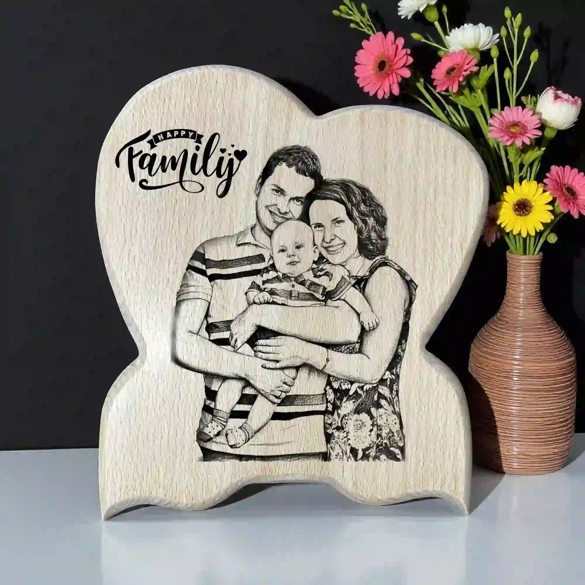 Customized Steem Beech Wooden Family Heart Shape Frame – Laser Engraved Happy Family Photo Gift