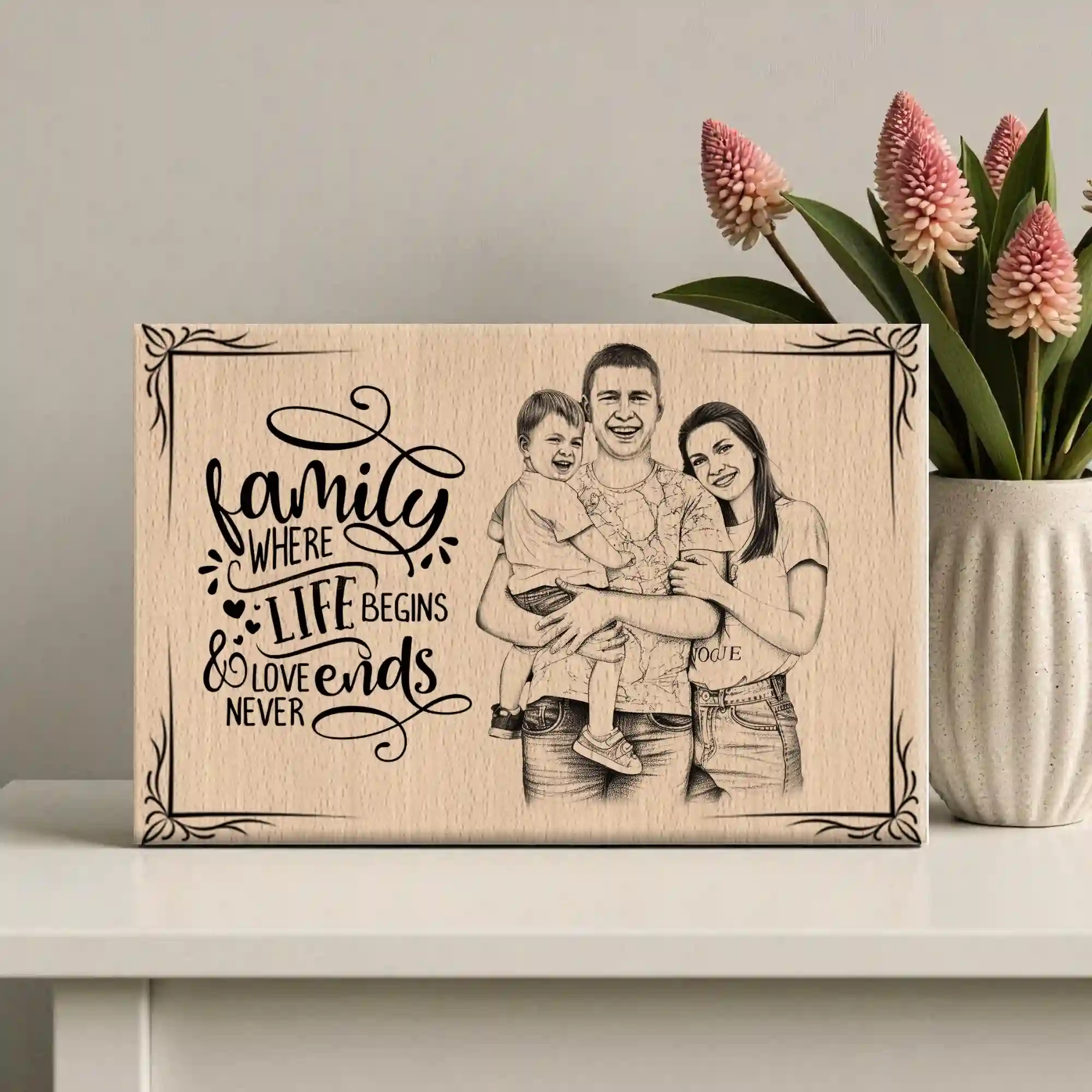 Customized Steem Beech Wooden Family Where Life Begins Frame – Laser Engraved Happy Family Photo Gift