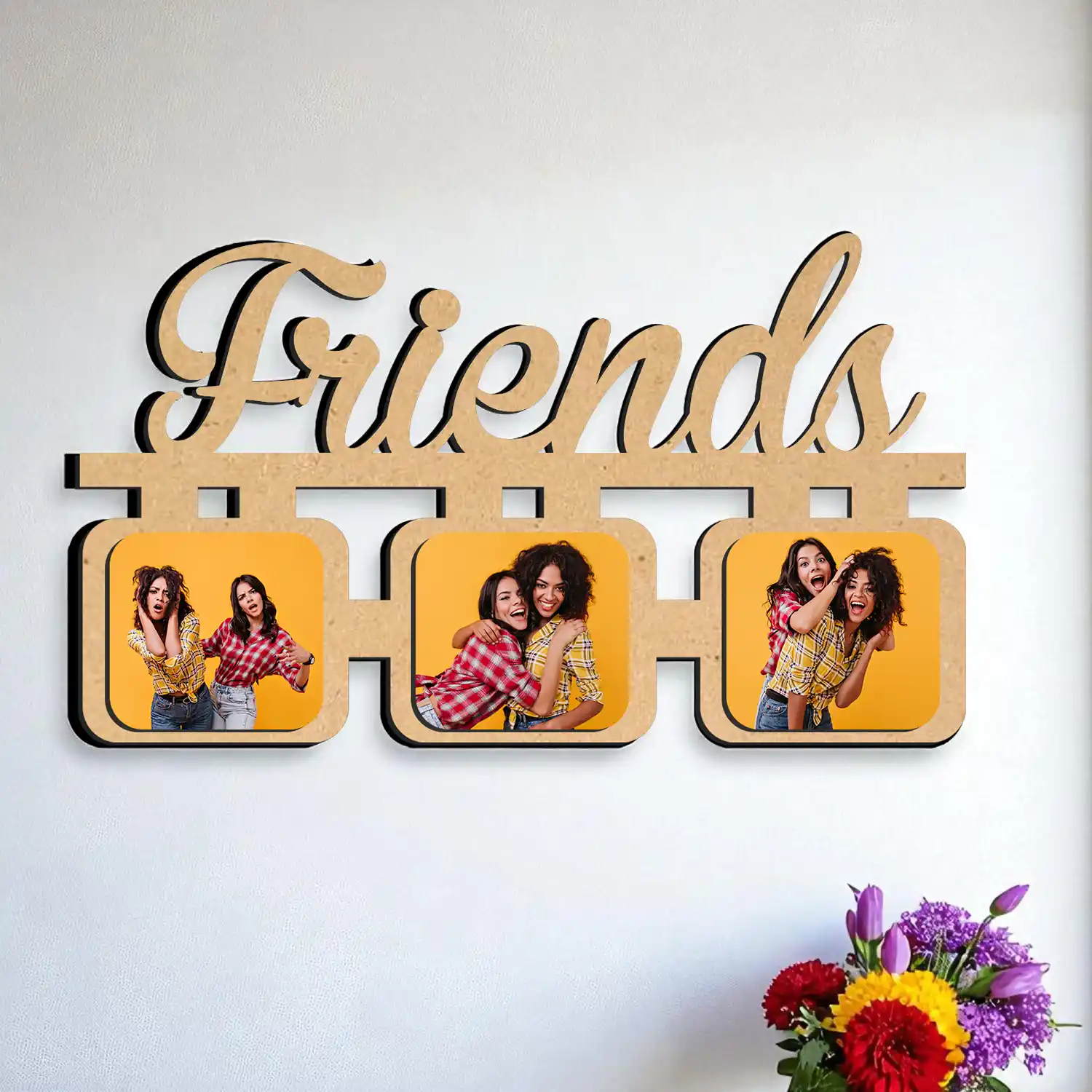 DVMART® Friends Wooden Photo Frame Collage | 3 Photo Hanging Frame | Customized Wall Decor Gift for Friends, Birthday & Home Decoration
