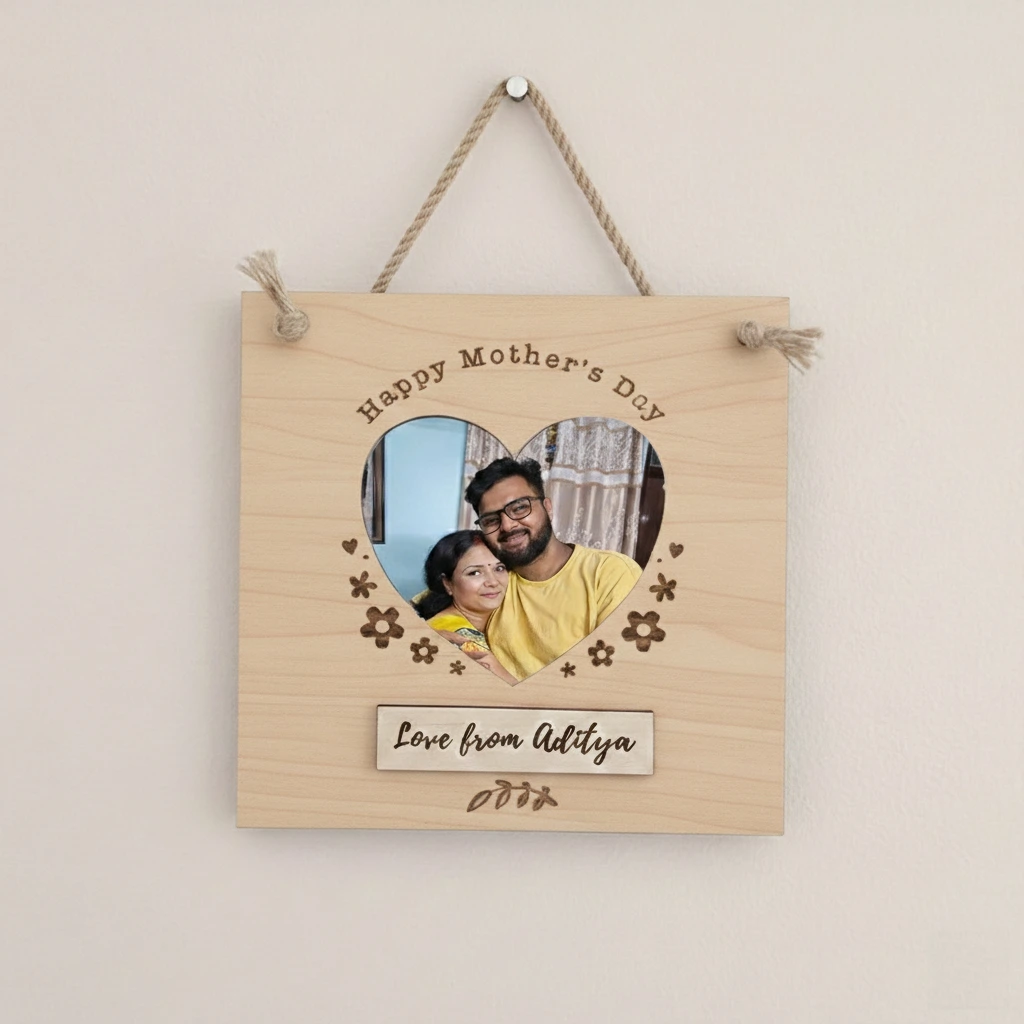 Personalized Hanging Wooden Heart Photo Frame | Custom Mother’s Day Wall Hanging Gift | MDF Engraved Photo Frame with Name | Unique Gift for Mom | DVMART®