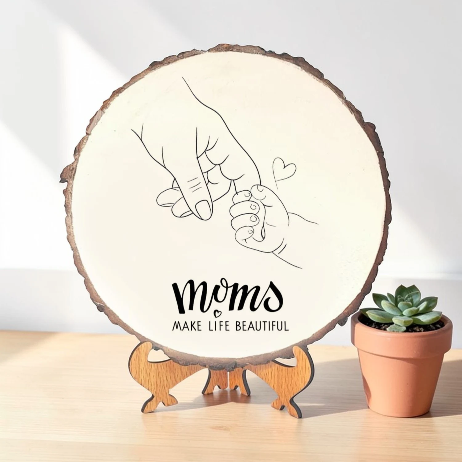 Personalized Mango Wood Photo Frame | Moms Make Life Beautiful Wooden Frame | Custom Engraved Round Wood Slice Gift for Mother | Mother’s Day Gift | Table Top Decor | DVMART®