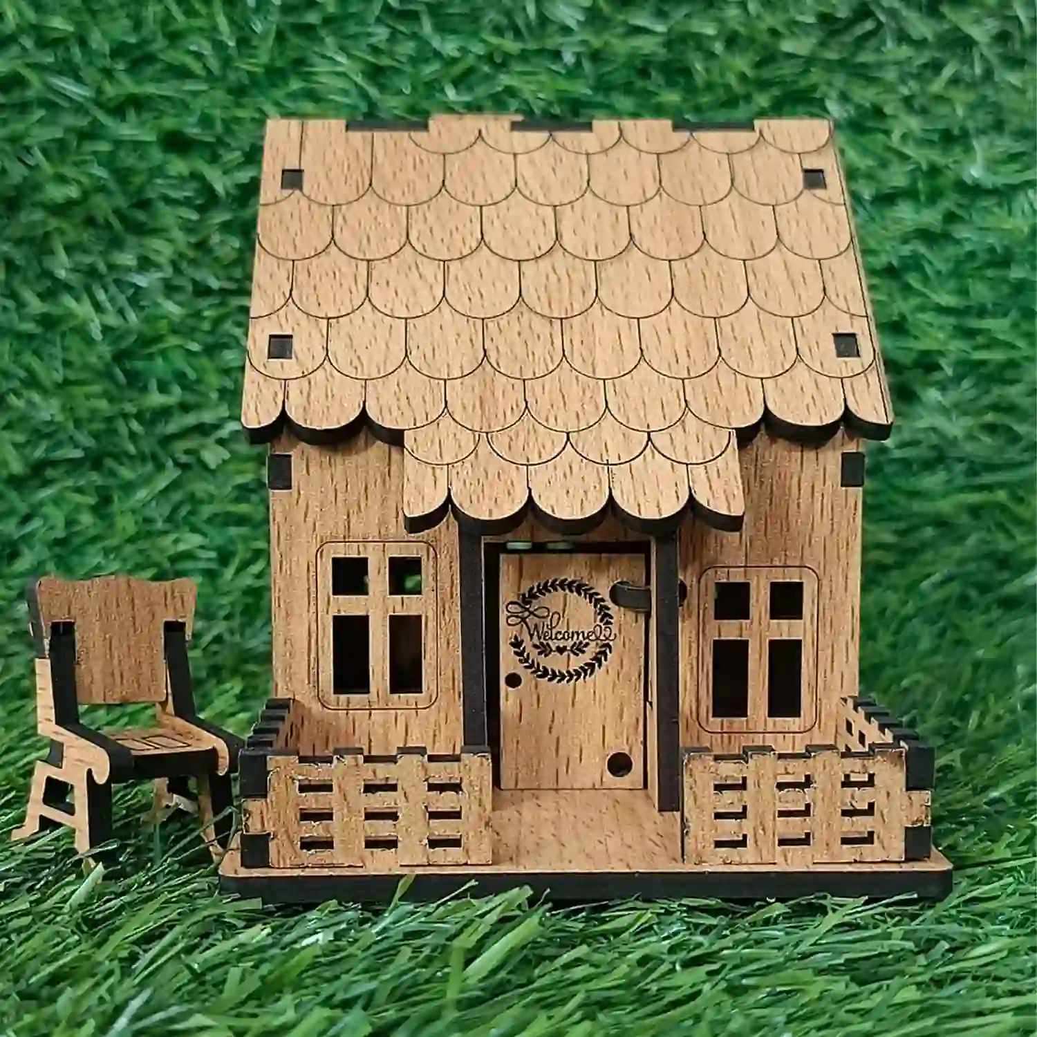 3D Wooden Miniature House with Chair – DIY Wooden Craft Model for Home Decoration & Gifts-11cm(4.5 Inch)