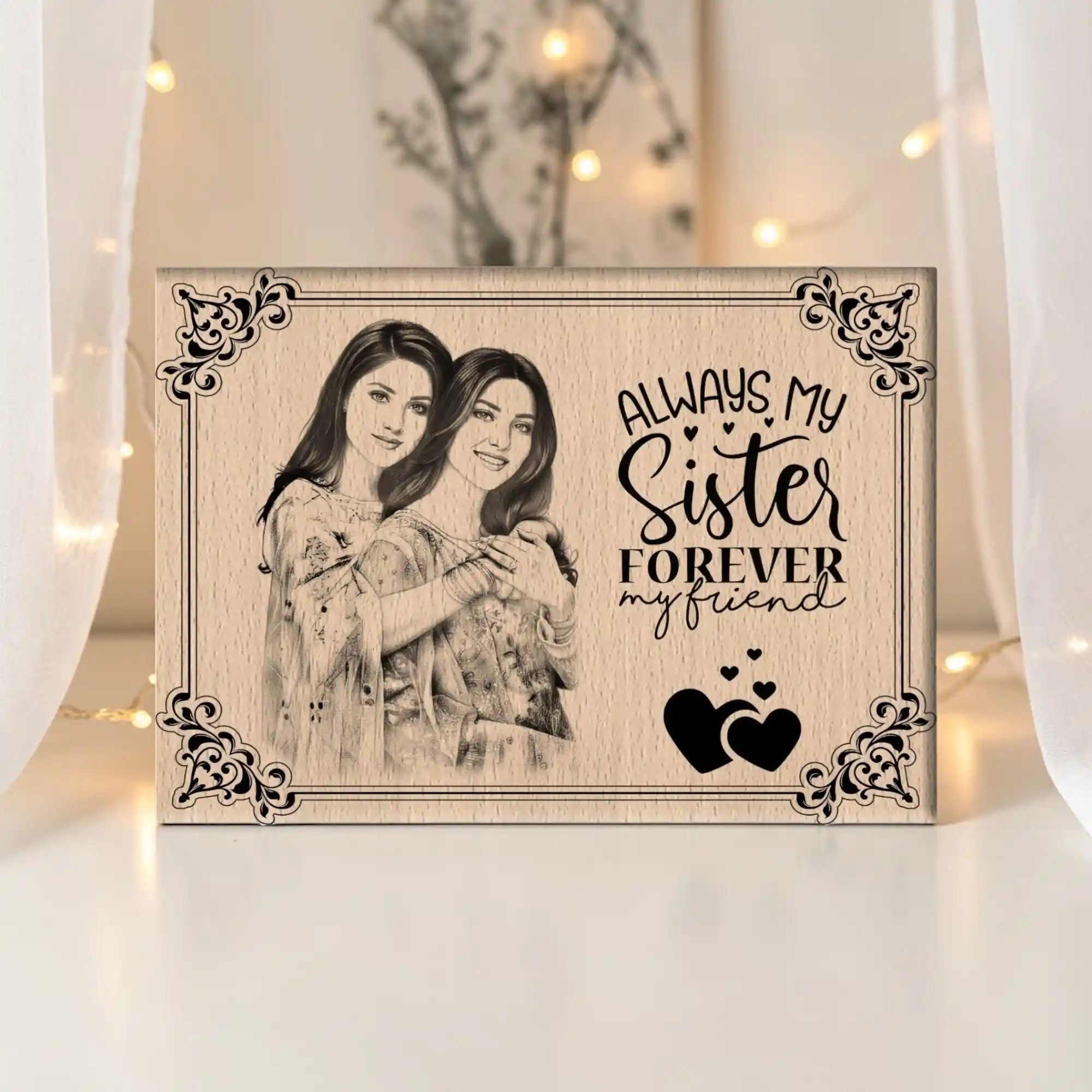 DVMART® Personalized Sister Photo Frame in Steam Beech Wood – Engraved Wooden Plaque Gift for Sister, Raksha Bandhan Gift, Birthday Gift for Sister, Custom Wooden Photo Frame Home Decor
