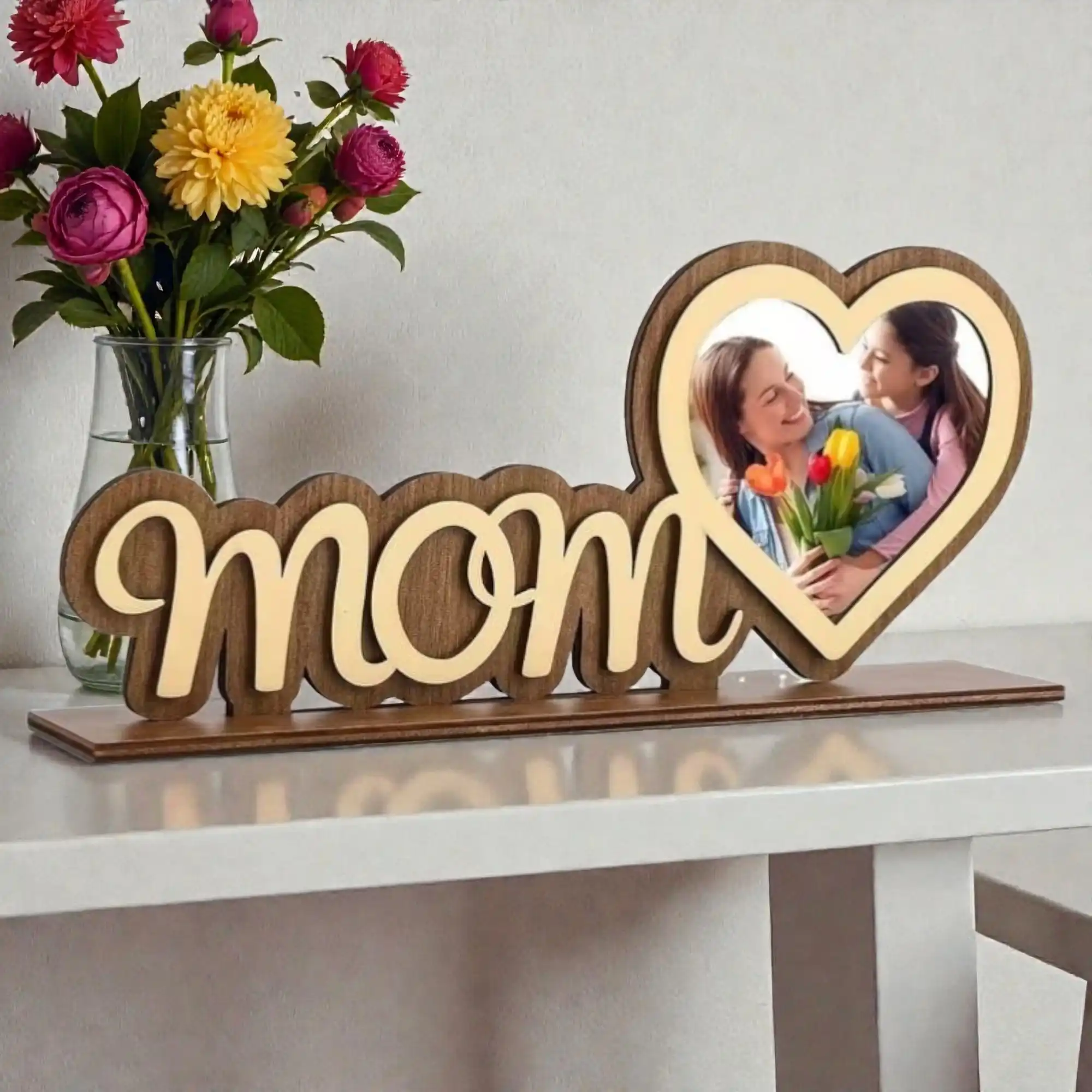 Personalized MOM Wooden Photo Frame | Custom Mother’s Day Gift India | MDF Table Top Mom Photo Frame with Heart Design | Unique Gift for Mom | Home Decor Item | DVMART®