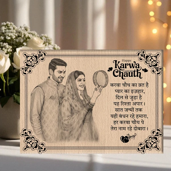 Karwa Chauth Wooden Couple Portrait Plaque | Engraved Festival Keepsake