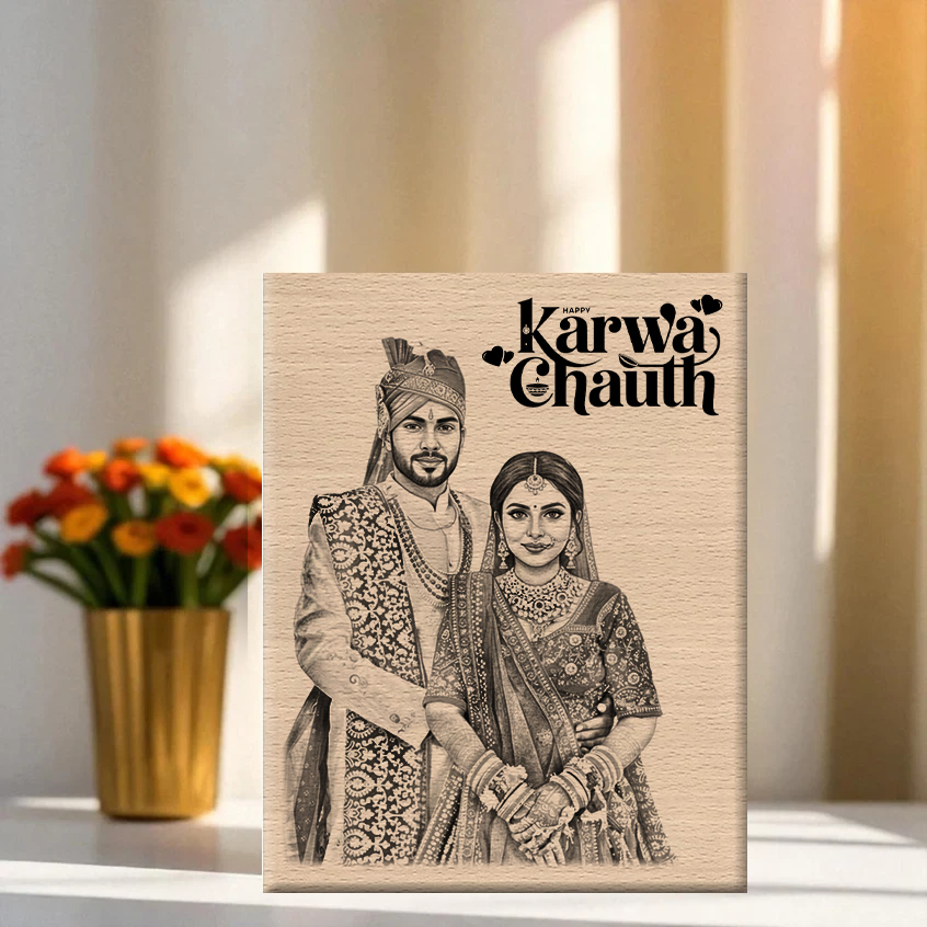 Karwa Chauth Wooden Couple Portrait Plaque | Engraved Festival Keepsake