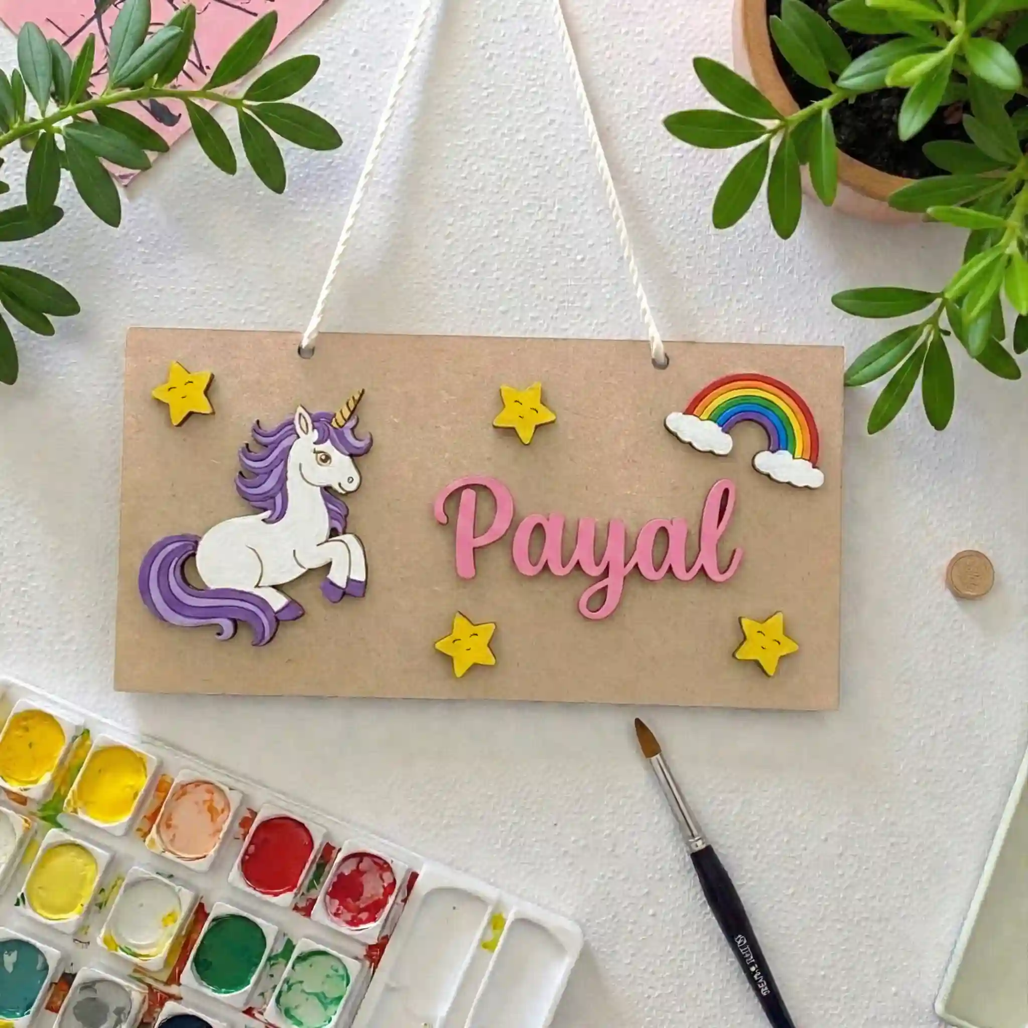 Personalized Kids Name Plate Wooden | Unicorn Theme Custom Name Board for Door Wall Decor | MDF Hanging Name Sign for Baby Girl Room | DVMART®