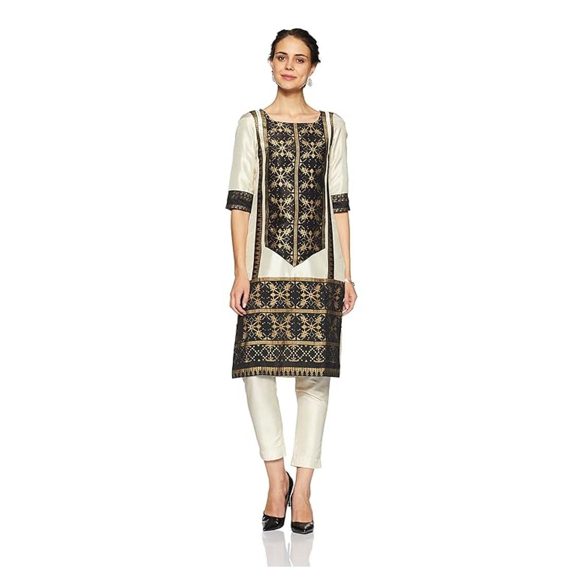 Women Printed Cotton Blend Straight Kurta  (Black)