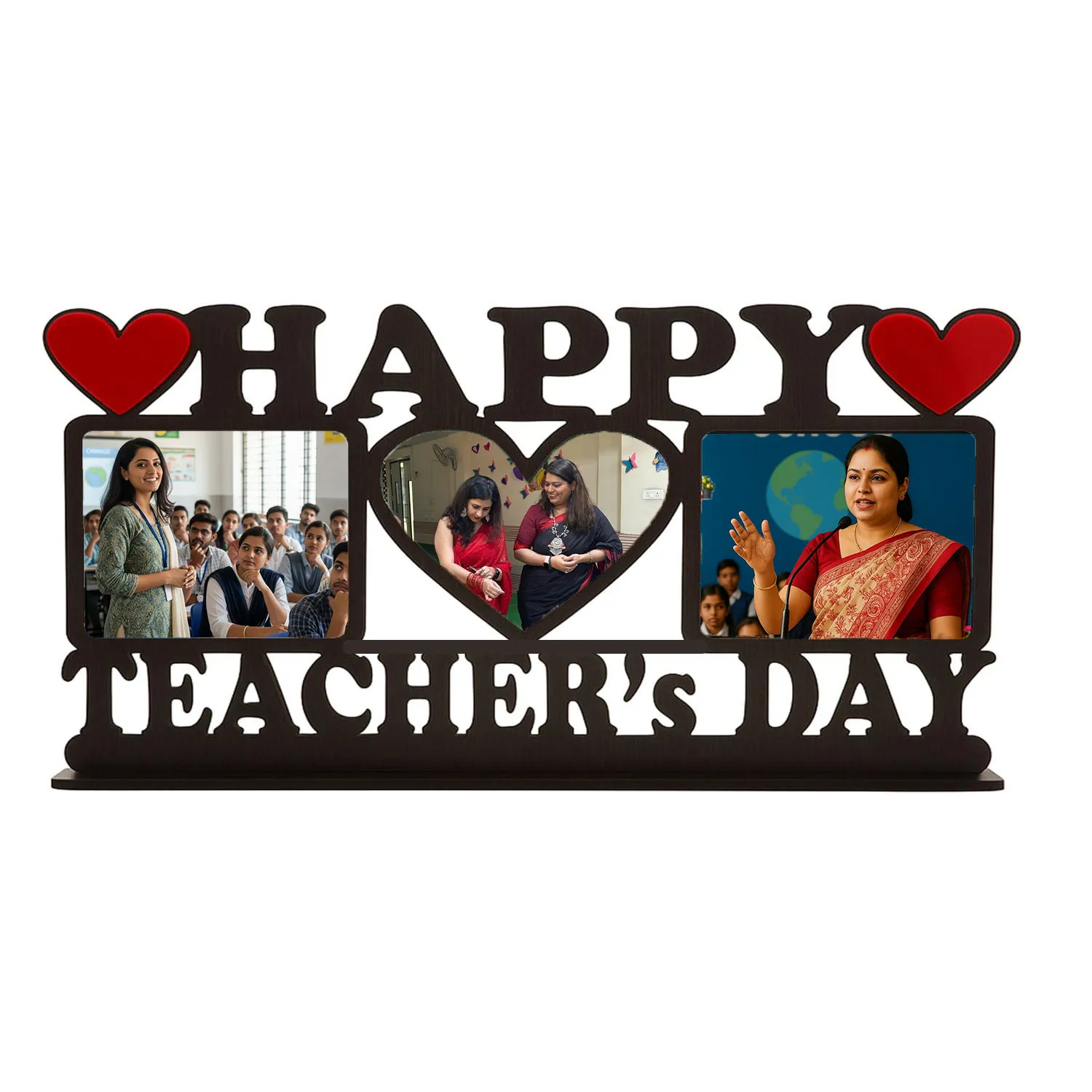 Personalized Happy Teacher’s Day Wooden Photo Frame | Custom MDF Multi Photo Collage Gift for Teachers | Engraved Desk Decor with Heart Design | DVMART®