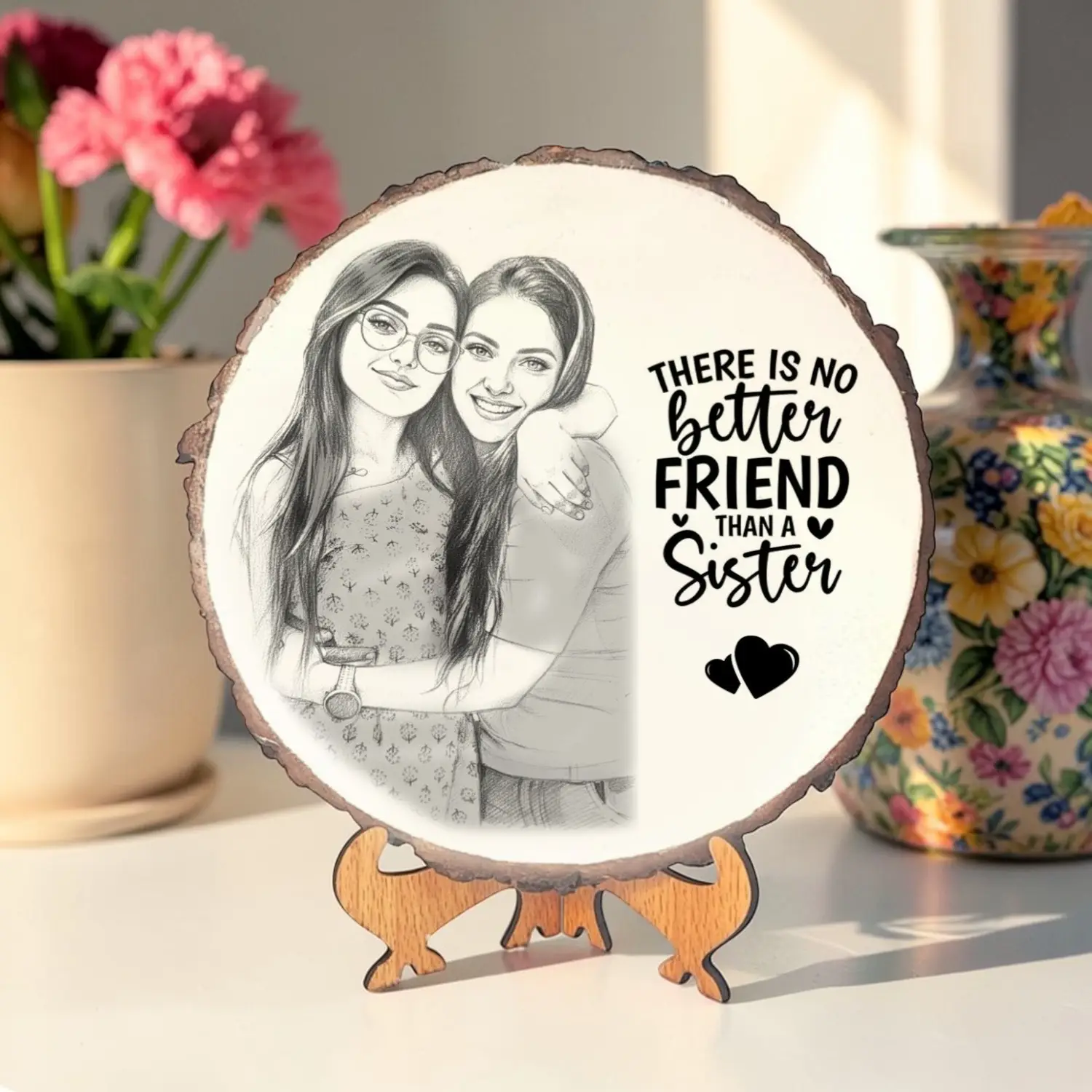 Personalized Sister Photo Frame Plaque – Mango Wooden Engraved Round Photo Frame Gift for Sister, Raksha Bandhan Gift, Birthday Gift for Sister, Custom Photo Stand Decor | DVMART®