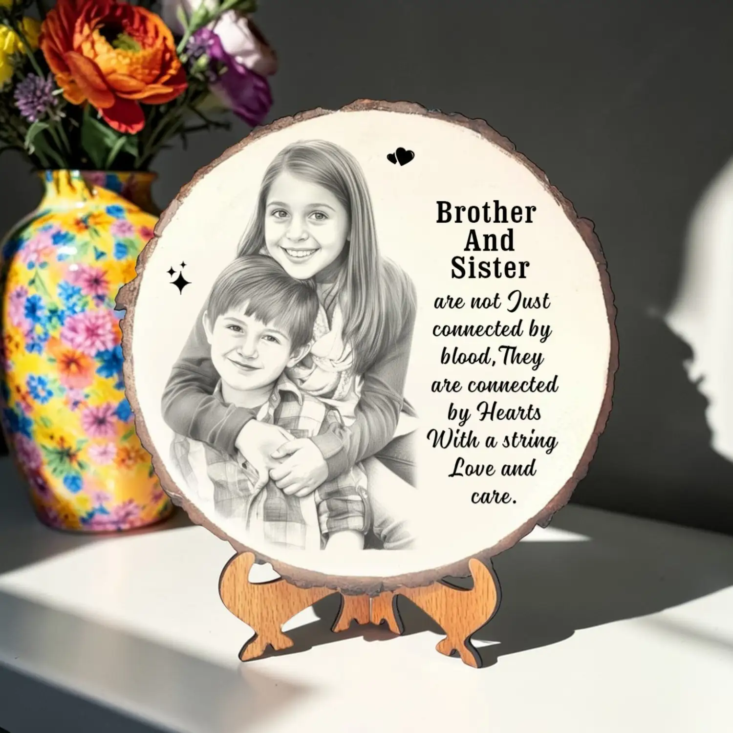 Brother Sister Wooden Plaque with Quote | Round Wooden Photo Frame Gift | Raksha Bandhan Gift for Brother Sister | Decorative Table Top Frame with Stand