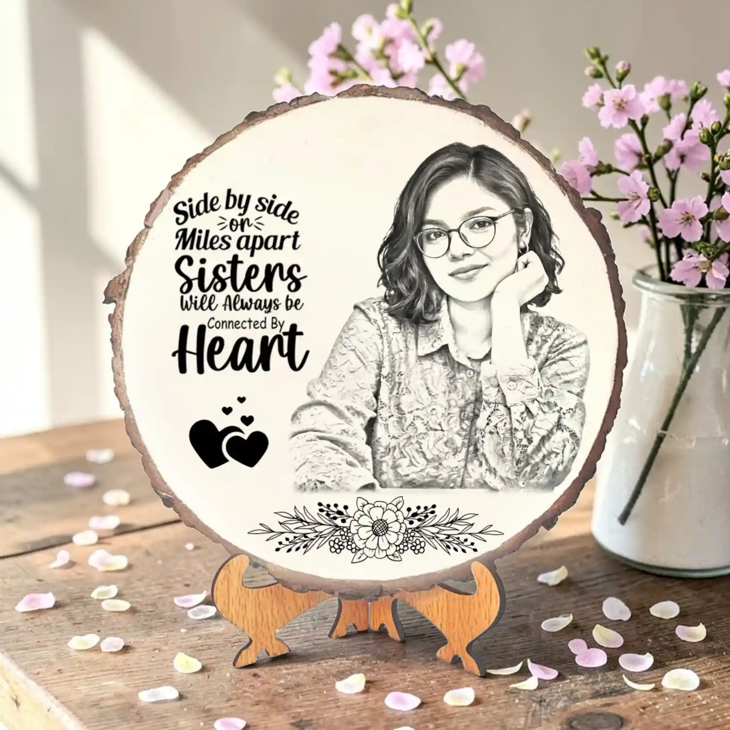 Sister Wooden Photo Frame with Quote | Round Wooden Plaque Gift for Sister | Birthday Gift for Sister | Decorative Table Top Frame | Emotional Sister Gift