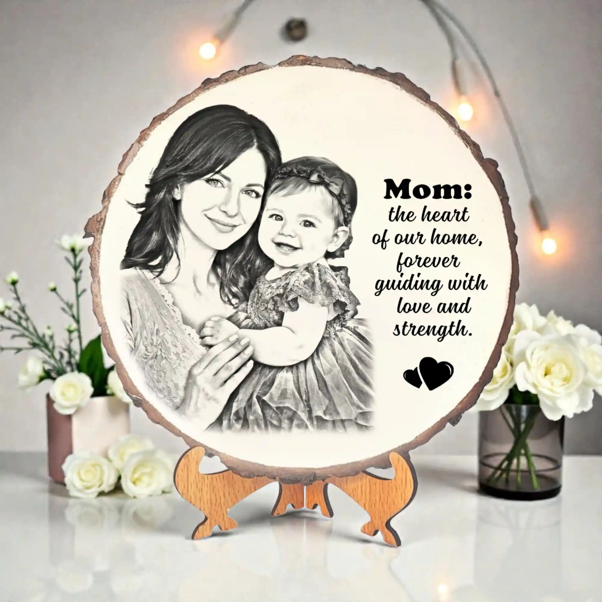 Personalized Mango Wood Engraved Photo Frame | Mom Quote Wooden Frame with Custom Photo | Round Rustic Wood Slice Gift for Mother | Mother’s Day Gift | Table Top Decor | DVMART®
