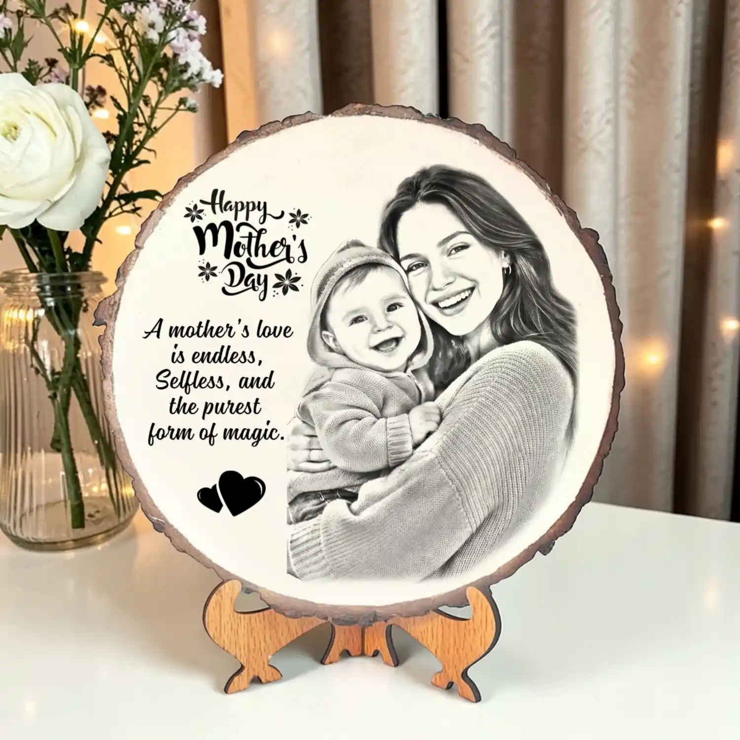 Personalized Mango Wood Photo Frame | Engraved Mother’s Day Gift | Custom Wooden Frame with Quote & Photo | Round Rustic Wood Slice Frame | Unique Gift for Mom | DVMART®