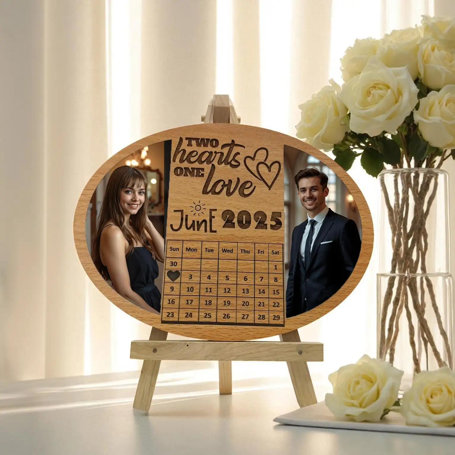 Sleek MDF Wooden Oval Couple Photo Frame – Personalized Engraved Anniversary Gift with Calendar