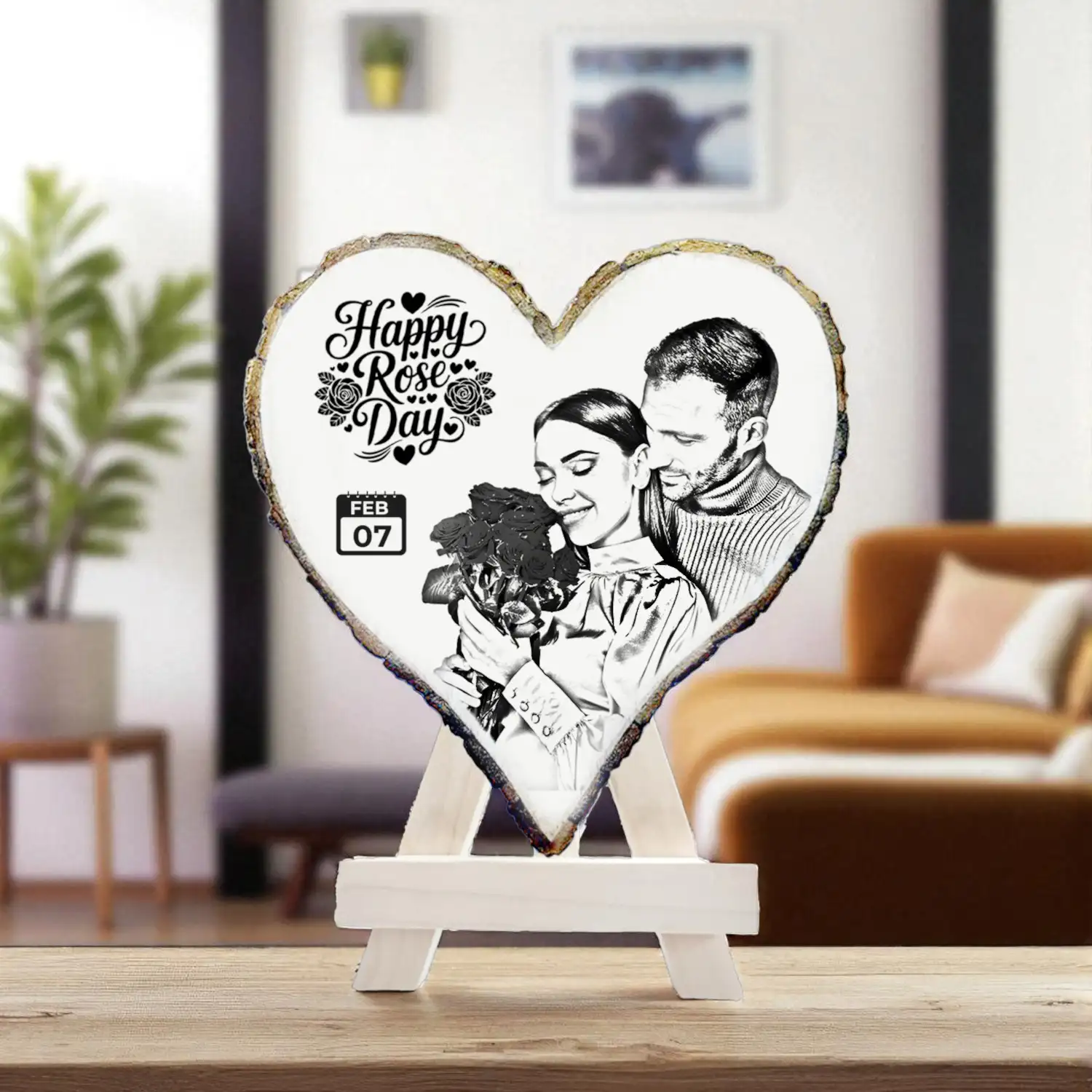 Heart-Shaped Personalized Wooden Photo Plaque for Rose Day