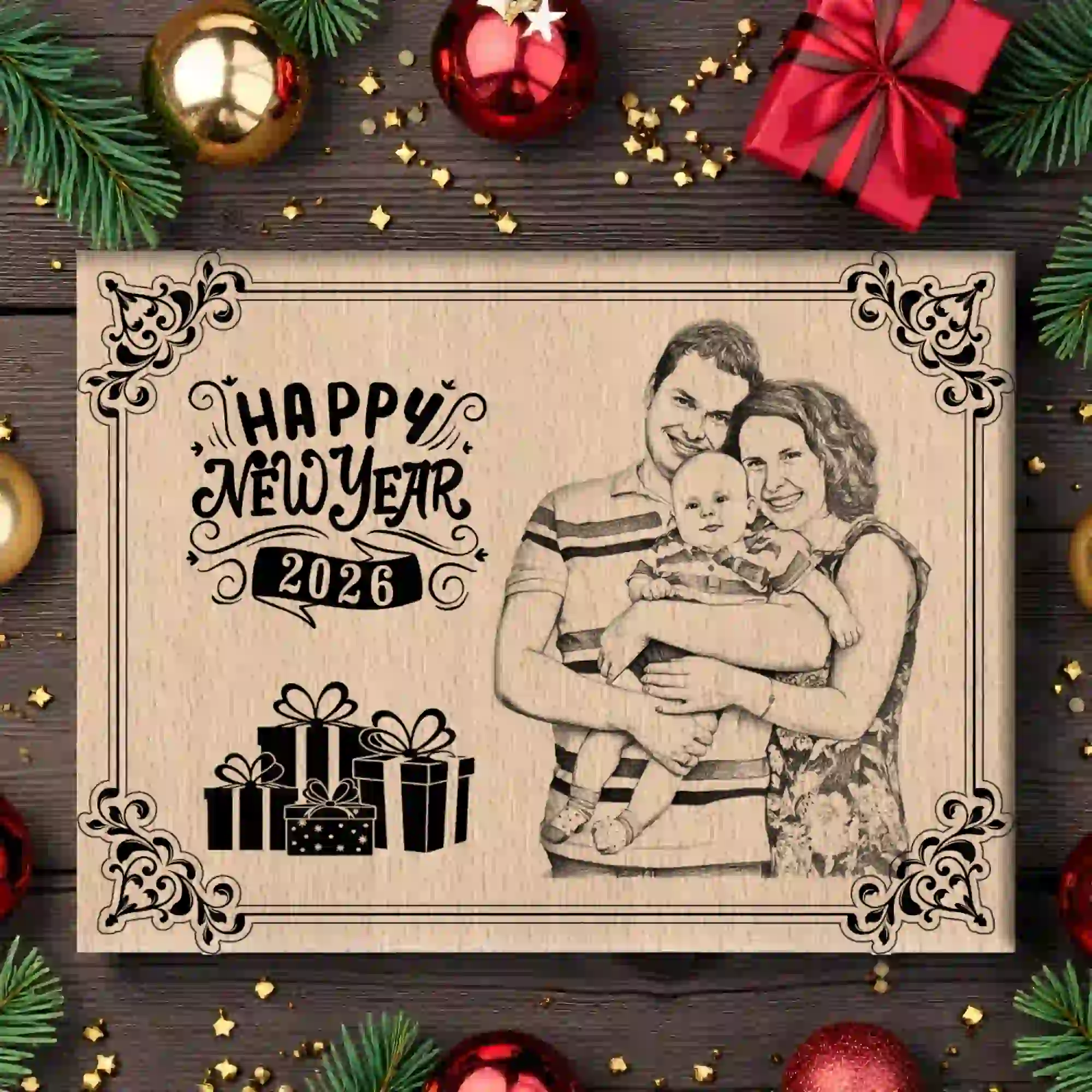 Steam Beech New Year Wood Frame – Personalized Engraved Family Photo Wooden Plaque Gift