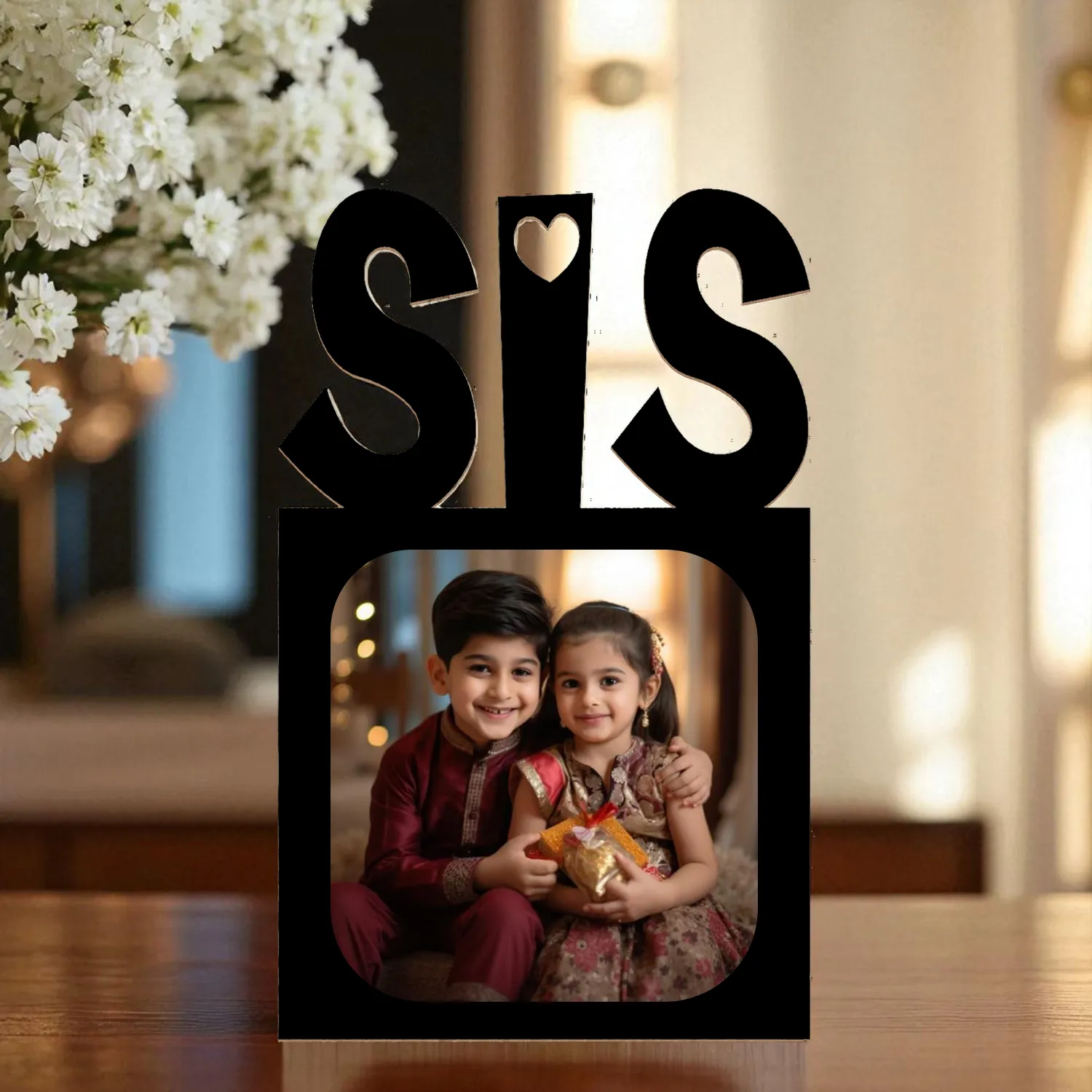 SIS Photo Frame for Sister Gift – Wooden Black Personalized Photo Frame for Raksha Bandhan, Birthday Gift for Sister, Cute Sibling Gift Home Decor Frame | DVMART®