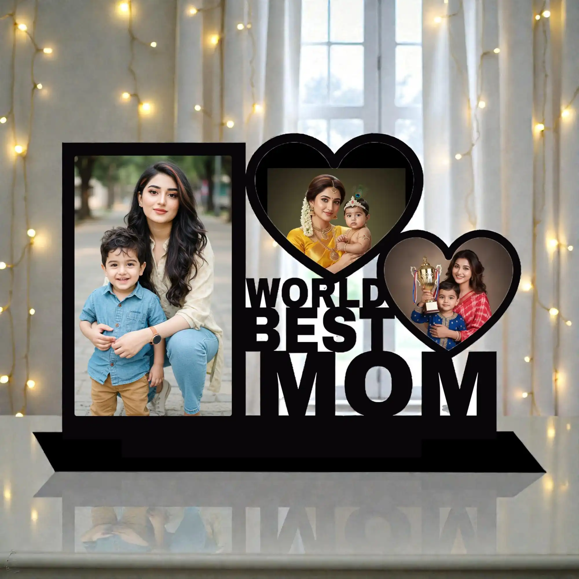Personalized World Best Mom Wooden Photo Frame | Custom Multi Photo Frame Gift for Mother | MDF Table Top Photo Frame with 3 Photos | Mother’s Day Gift India | Home Decor | DVMART®