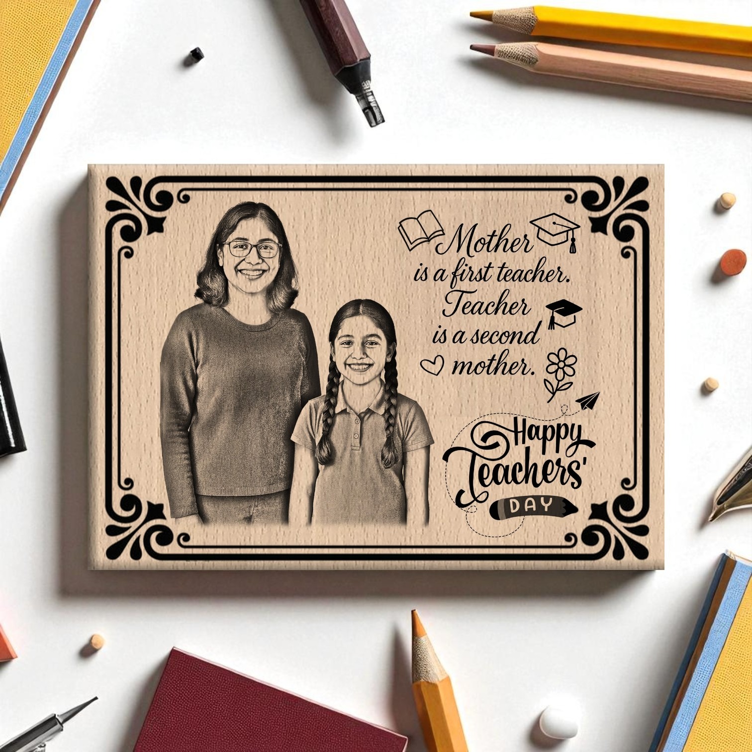 Personalized Beech Wood Photo Frame for Teacher – Laser Engraved Gift for Mentors