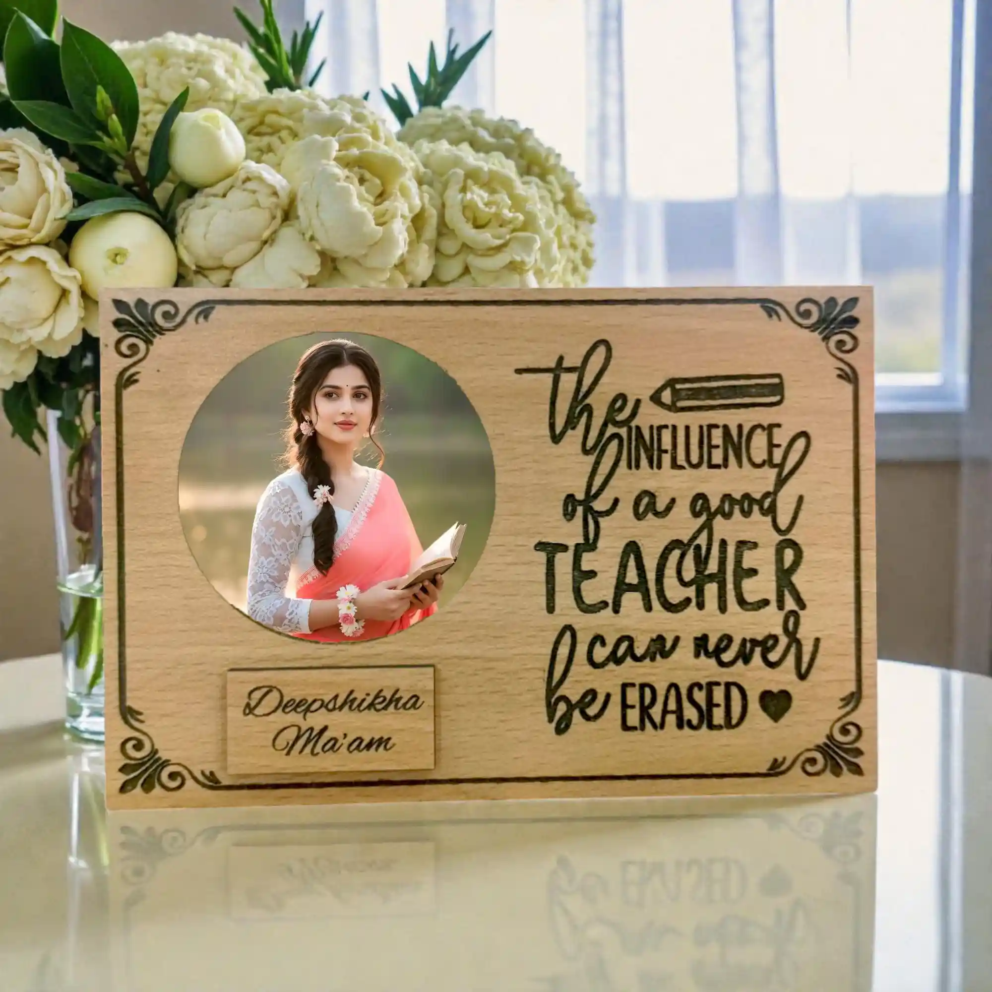Personalized Wooden Teacher Photo Frame Plaque | Custom Name MDF Engraved Gift for Teachers | Teacher’s Day Appreciation Desk Decor | Unique Thank You Gift | DVMART®