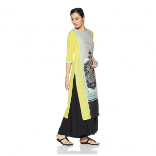 Women Printed Cotton Rayon Straight Kurta  (Black, Yellow) thumbnail 5