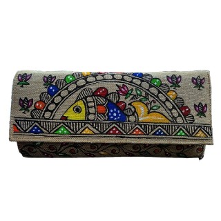 Vibrant color hand made Madhubani painting Jute Clutches Handbag Purse and pouch (Associated design)