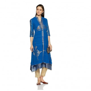 Women Printed Viscose Rayon Frontslit Kurta  (Blue)