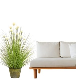 Grass Plant Artificial Pompom (Ht 30inches) with Eight White Flowers and Metal Trendy Pot for Home Office Party Wedding and Table Top Decor GA5066 thumbnail 5