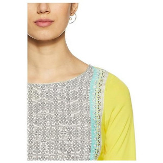 Women Printed Cotton Rayon Straight Kurta  (Black, Yellow) thumbnail 4