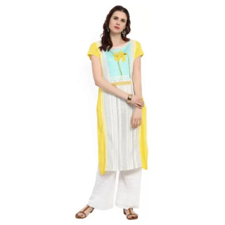 Women Printed Cotton Rayon Straight Kurta  (White, Yellow)