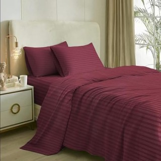 Stripes Queen Size Cotton Bedsheet for Double Bed Wine-210 TC 