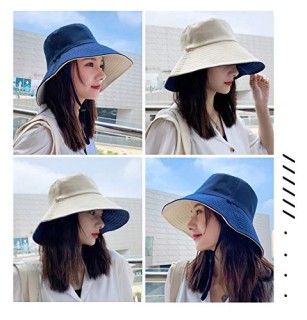 Bucket Cap Hats Reversible for Women UV Protection Wide Brim Summer for Girls Breathable Casual Beach Sun Protection (Beige and Blue Reversible) thumbnail 2