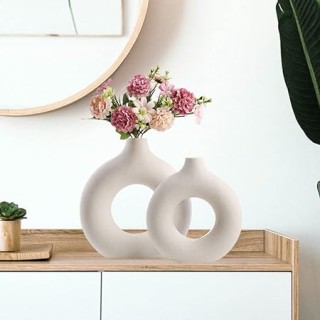 White Vase Flower Pampas Grass Ceramic Round Shaped Home Decor Centrepiece Showpiece Donut  6 & 8 Inches (Pack of 2) thumbnail 4