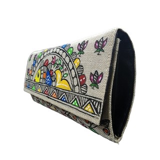 Vibrant color hand made Madhubani painting Jute Clutches Handbag Purse and pouch (Associated design) thumbnail 3