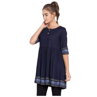New Stylish Daily Wear Kurti Round Neck Elephant Print Ladies Rayon New Design Dress Latest Designer (Navy Blue) thumbnail 2