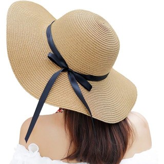 Foldable Wide Brim Bowknot Beach and Summer Straw Sun Hat caps for Girls UV Protection thumbnail 2