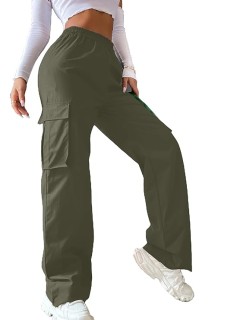 Girls & Women's  Solid High Waist with Pockets Cargo Pants Green