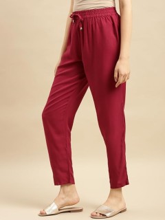 Rayon Solid Ankle Length Straight Pant Women's Maroon thumbnail 3