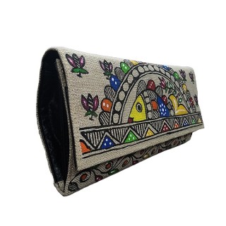 Vibrant color hand made Madhubani painting Jute Clutches Handbag Purse and pouch (Associated design) thumbnail 2