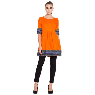 Latest Designer New Stylish Daily Wear Kurti Round Neck Elephant Print Ladies Rayon New Design Dress (Orange)