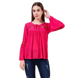 Casual Bell Sleeves Embroidered Women Pink Top