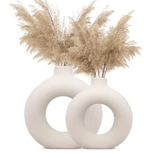 White Vase Flower Pampas Grass Ceramic Round Shaped Home Decor Centrepiece Showpiece Donut  6 & 8 Inches (Pack of 2)