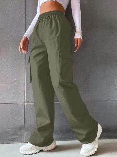 Girls & Women's  Solid High Waist with Pockets Cargo Pants Green thumbnail 3