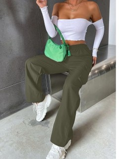 Girls & Women's  Solid High Waist with Pockets Cargo Pants Green thumbnail 5